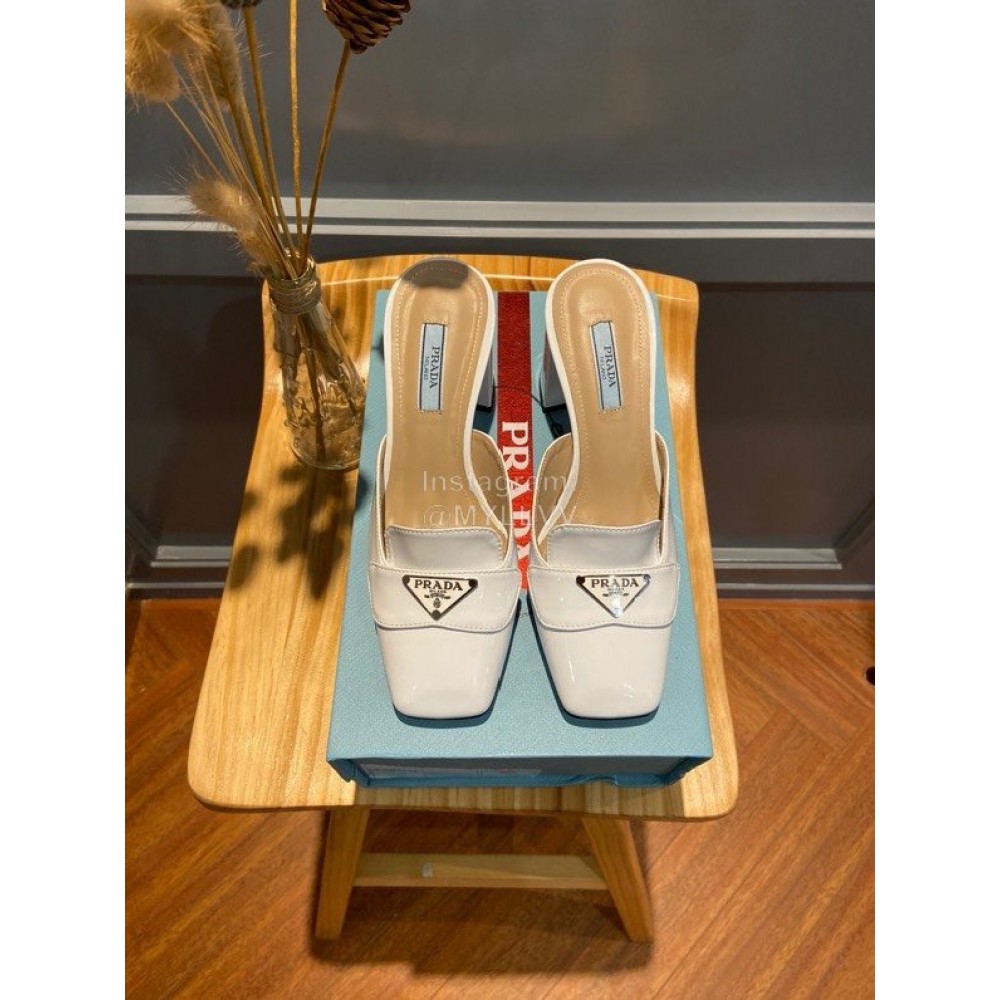 Prada Fashion Patent Leather High Heel Sandals For Women White
