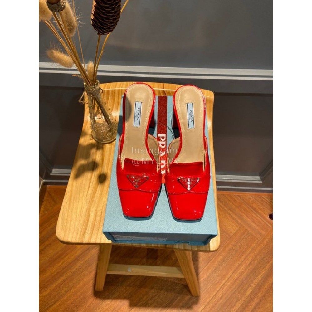 Prada Fashion Patent Leather High Heel Sandals For Women Orange Red