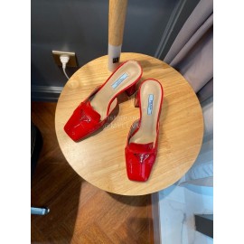 Prada Fashion Patent Leather High Heel Sandals For Women Orange Red