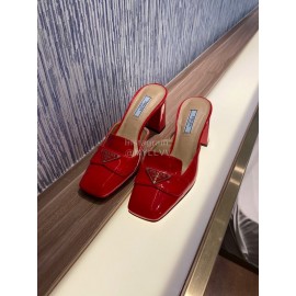 Prada Fashion Patent Leather High Heel Sandals For Women Orange Red