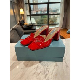 Prada Fashion Patent Leather High Heel Sandals For Women Orange Red