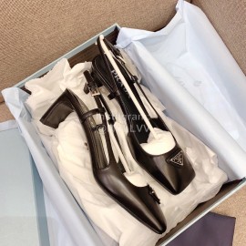 Prada Fashion Square Head Cowhide High Heel Sandals For Women Black