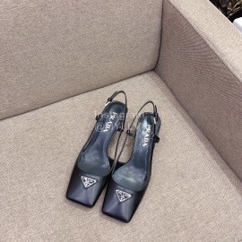 Prada Fashion Square Head Cowhide High Heel Sandals For Women Black