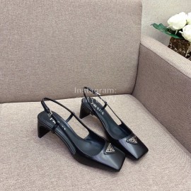 Prada Fashion Square Head Cowhide High Heel Sandals For Women Black