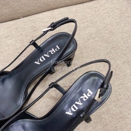 Prada Fashion Square Head Cowhide High Heel Sandals For Women Black