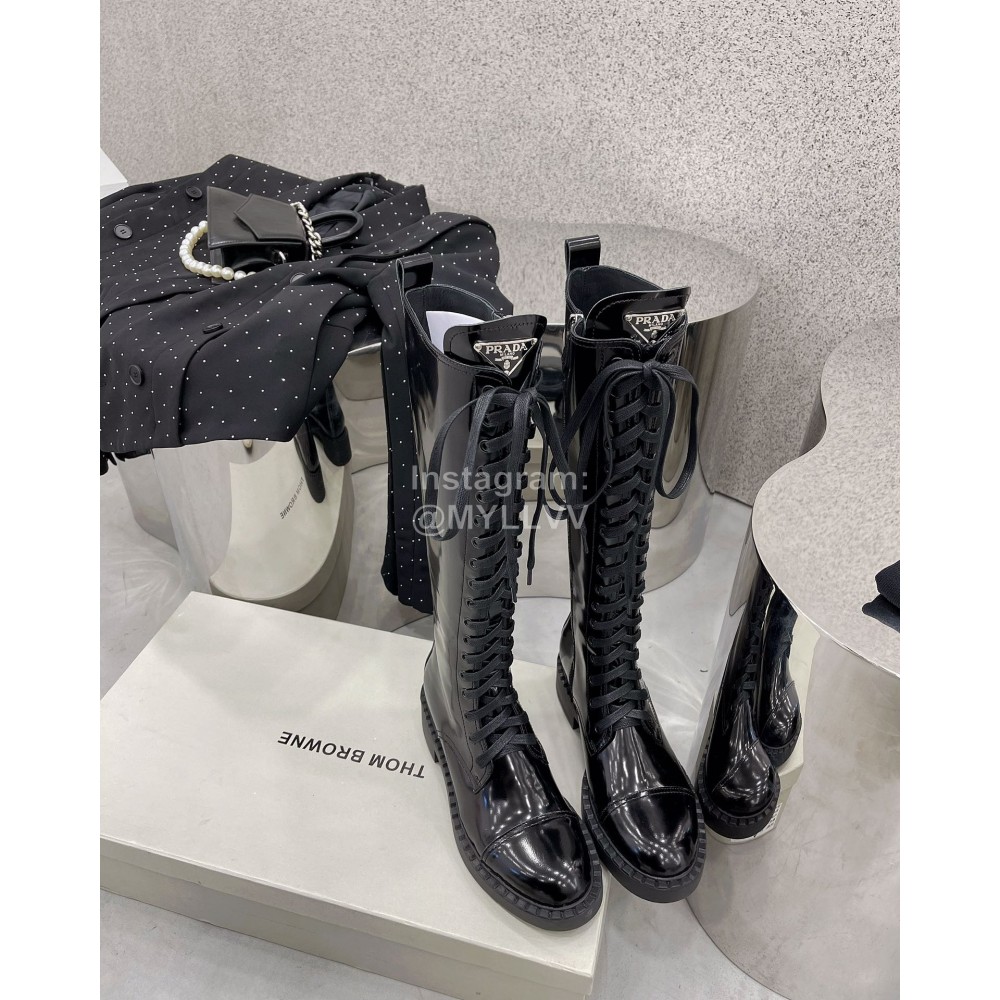 Prada Autumn Winter Leather Lace Up Long Boots For Women