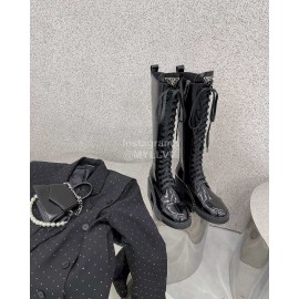 Prada Autumn Winter Leather Lace Up Long Boots For Women
