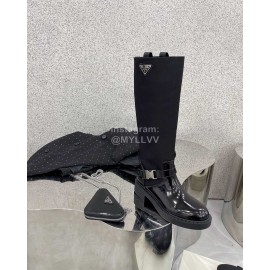 Prada Autumn Winter Leather Thick High Heeled Long Boots For Women