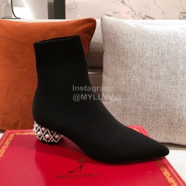 Rene Caovilla Retro Pointed Pearl Thick High Heeled Boots For Women Black