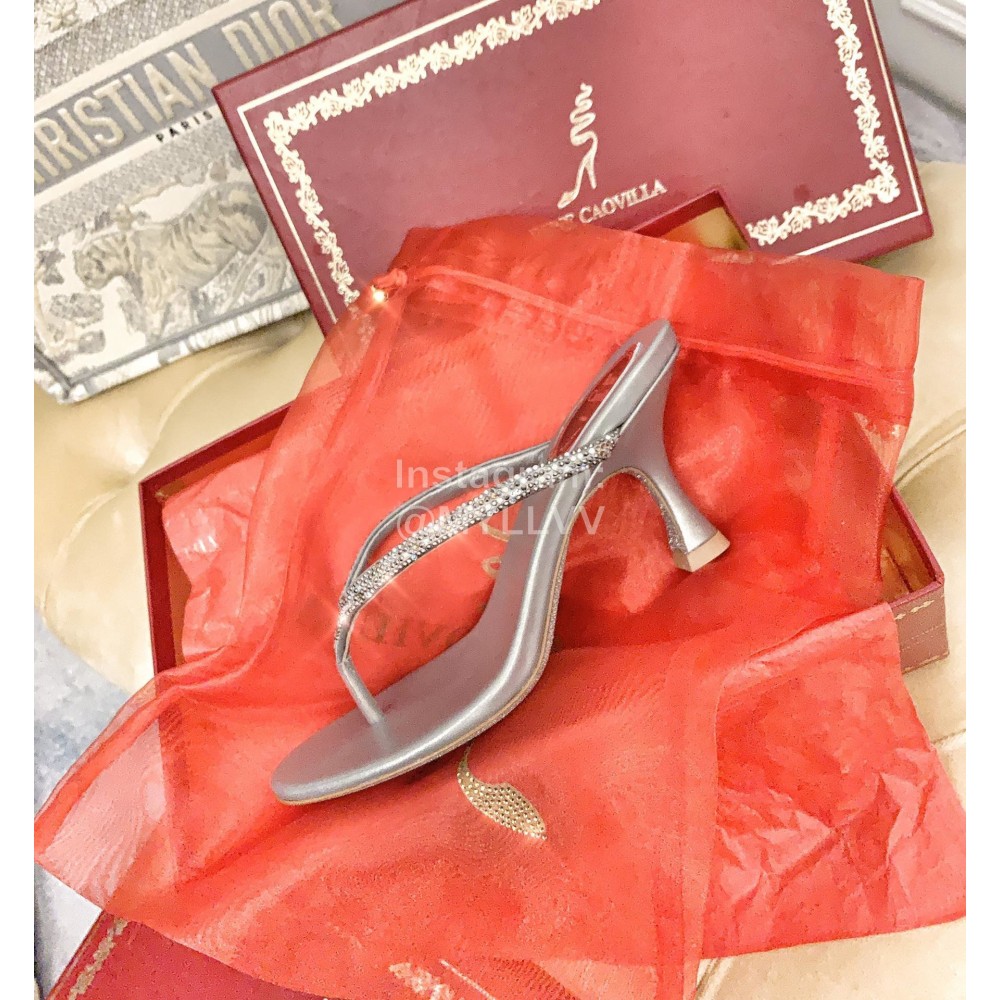 Rene Caovilla New Blingbling Diamond Silk High Heel Flip Flops For Women Gray