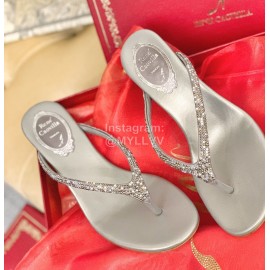 Rene Caovilla New Blingbling Diamond Silk High Heel Flip Flops For Women Gray