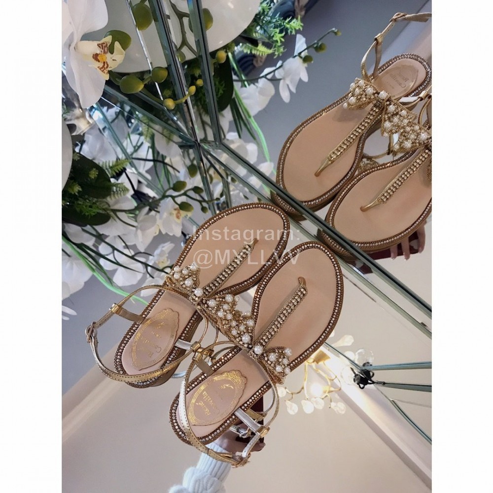 Rene Caovilla New Pearl Bow Sheepskin Flat Heel Sandals For Women Gold