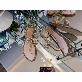 Rene Caovilla New Pearl Bow Sheepskin Flat Heel Sandals For Women Gold