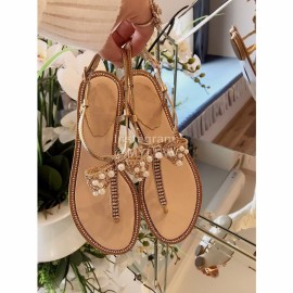 Rene Caovilla New Pearl Bow Sheepskin Flat Heel Sandals For Women Gold