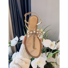 Rene Caovilla New Pearl Bow Sheepskin Flat Heel Sandals For Women Gold