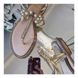 Rene Caovilla New Pearl Bow Sheepskin Flat Heel Sandals For Women Gold