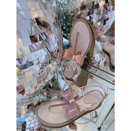 Rene Caovilla New Diamond Bow Sheepskin Flat Heel Sandals For Women Pink