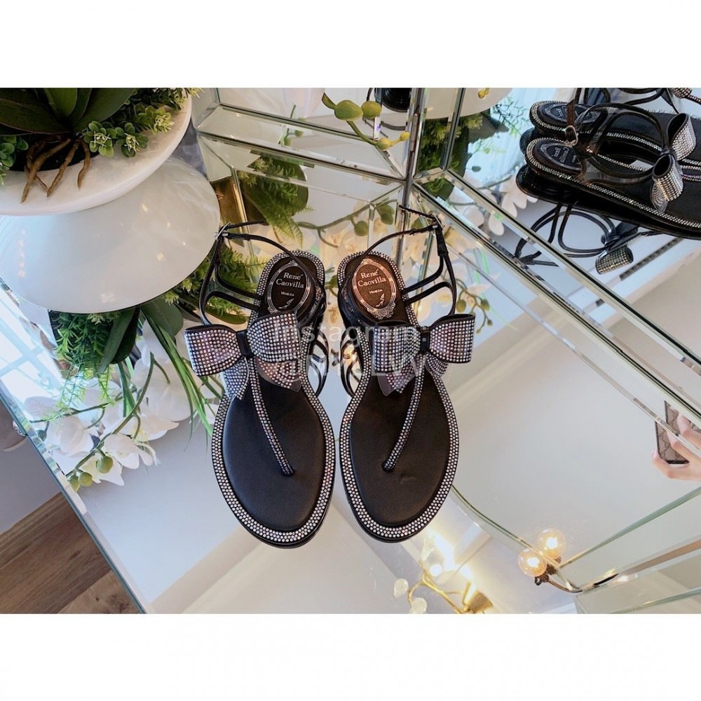 Rene Caovilla New Diamond Bow Sheepskin Flat Heel Sandals For Women Black