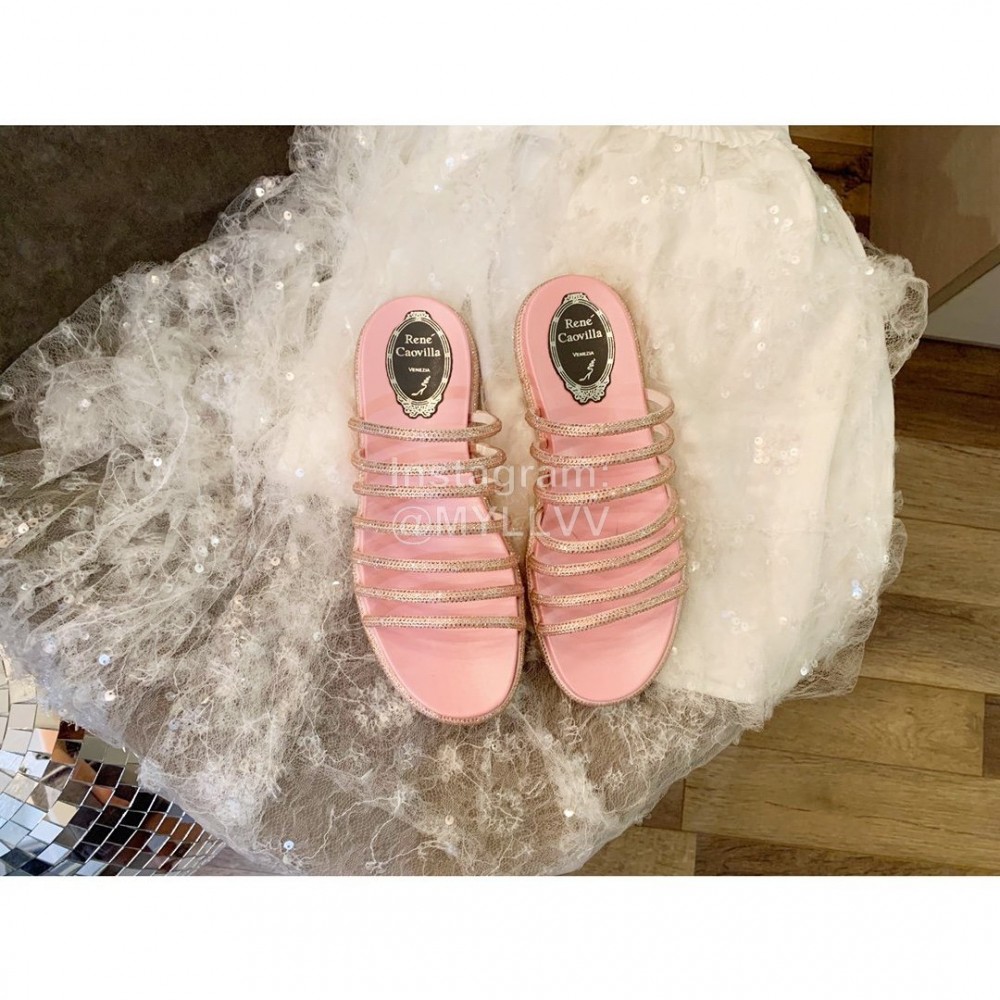 Rene Caovilla Summer Crystal Diamond Belt Slippers For Women Pink