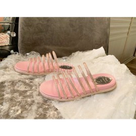 Rene Caovilla Summer Crystal Diamond Belt Slippers For Women Pink