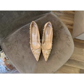 Rene Caovilla Autumn Net Lace Pointed High Heels For Women Champagne