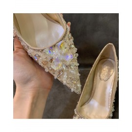 Rene Caovilla Autumn Net Lace Pointed High Heels For Women Champagne