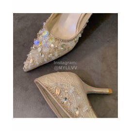 Rene Caovilla Autumn Net Lace Pointed High Heels For Women Champagne