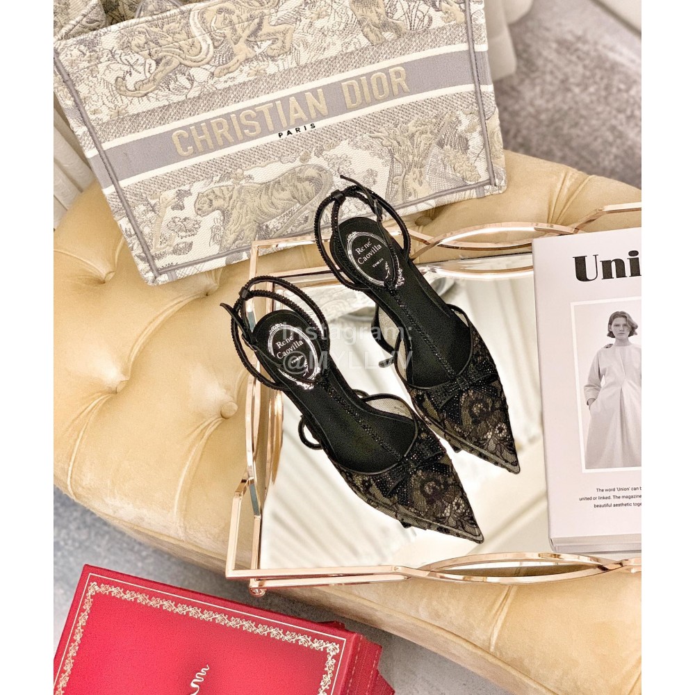 Rene Caovilla Sheepskin Lace Bow Pointed High Heel Sandals For Women Black