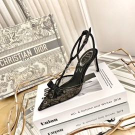 Rene Caovilla Sheepskin Lace Bow Pointed High Heel Sandals For Women Black