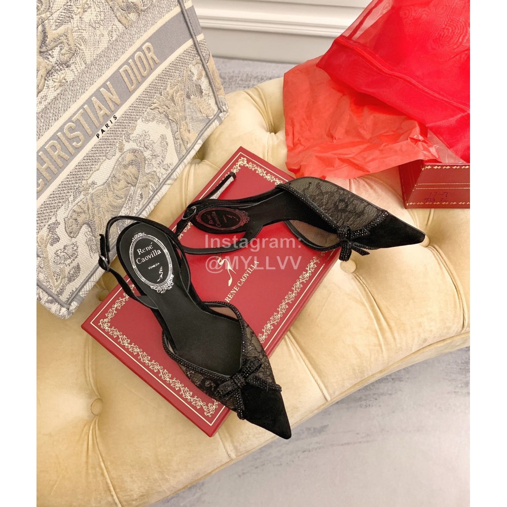 Rene Caovilla Black Sheepskin Lace Bow Pointed High Heel Sandals For Women 