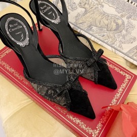 Rene Caovilla Black Sheepskin Lace Bow Pointed High Heel Sandals For Women 