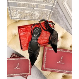 Rene Caovilla Black Sheepskin Lace Bow Pointed High Heel Sandals For Women 