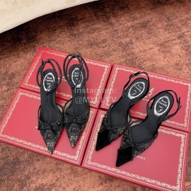 Rene Caovilla Black Sheepskin Lace Bow Pointed High Heel Sandals For Women 