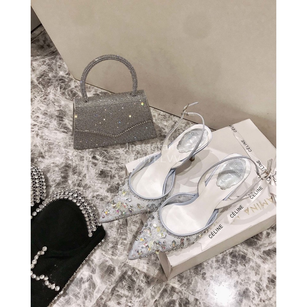 Rene Caovilla Elegant Lace Crystal Pointed High Heel Sandals For Women Blue