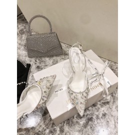 Rene Caovilla Elegant Lace Crystal Pointed High Heel Sandals For Women White