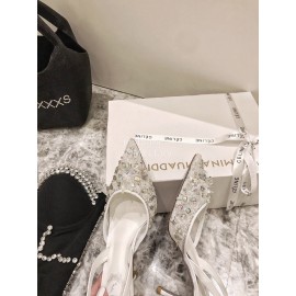 Rene Caovilla Elegant Lace Crystal Pointed High Heel Sandals For Women White