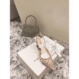 Rene Caovilla Elegant Lace Crystal Pointed High Heel Sandals For Women Orange