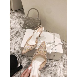 Rene Caovilla Elegant Lace Crystal Pointed High Heel Sandals For Women Orange