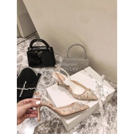 Rene Caovilla Elegant Lace Crystal Pointed High Heel Sandals For Women Orange