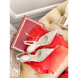 Rene Caovilla Crystal Lace Sheepskin High Heel Sandals For Women White