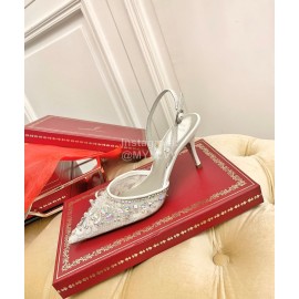 Rene Caovilla Crystal Lace Sheepskin High Heel Sandals For Women White