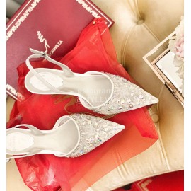 Rene Caovilla Crystal Lace Sheepskin High Heel Sandals For Women White