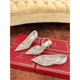 Rene Caovilla Crystal Lace Sheepskin High Heel Sandals For Women White