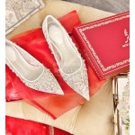 Rene Caovilla Crystal Lace Sheepskin High Heels For Women White