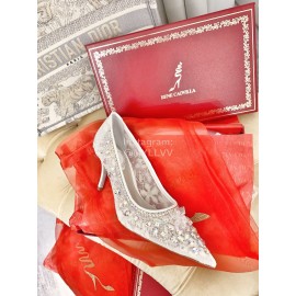 Rene Caovilla Crystal Lace Sheepskin High Heels For Women White