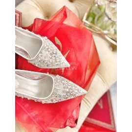 Rene Caovilla Crystal Lace Sheepskin High Heels For Women White