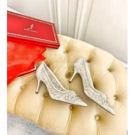 Rene Caovilla Crystal Lace Sheepskin High Heels For Women White
