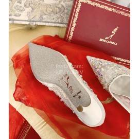 Rene Caovilla Crystal Lace Sheepskin High Heels For Women White