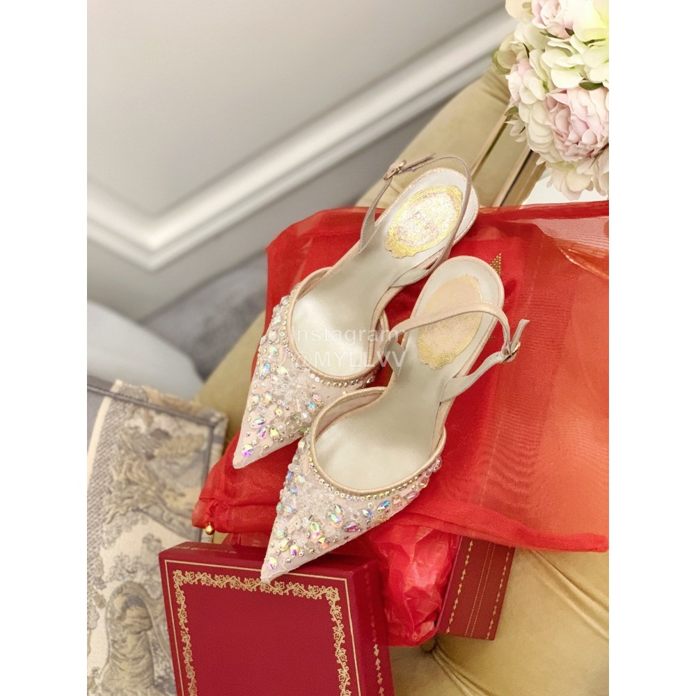 Rene Caovilla Crystal Lace Sheepskin High Heel Sandals For Women Pink