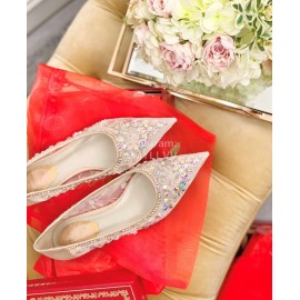 Rene Caovilla Crystal Lace Sheepskin High Heels Pink For Women 